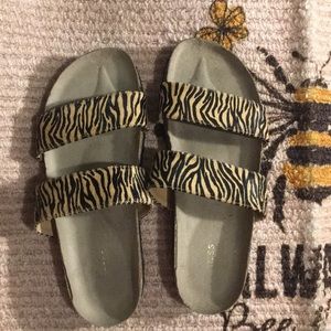 Express Calf Hair Zebra Stripe Double Strap Slides